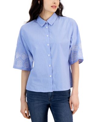 Nautica Jeans - Women's Cotton Embroidered-Sleeve Boxy Shirt