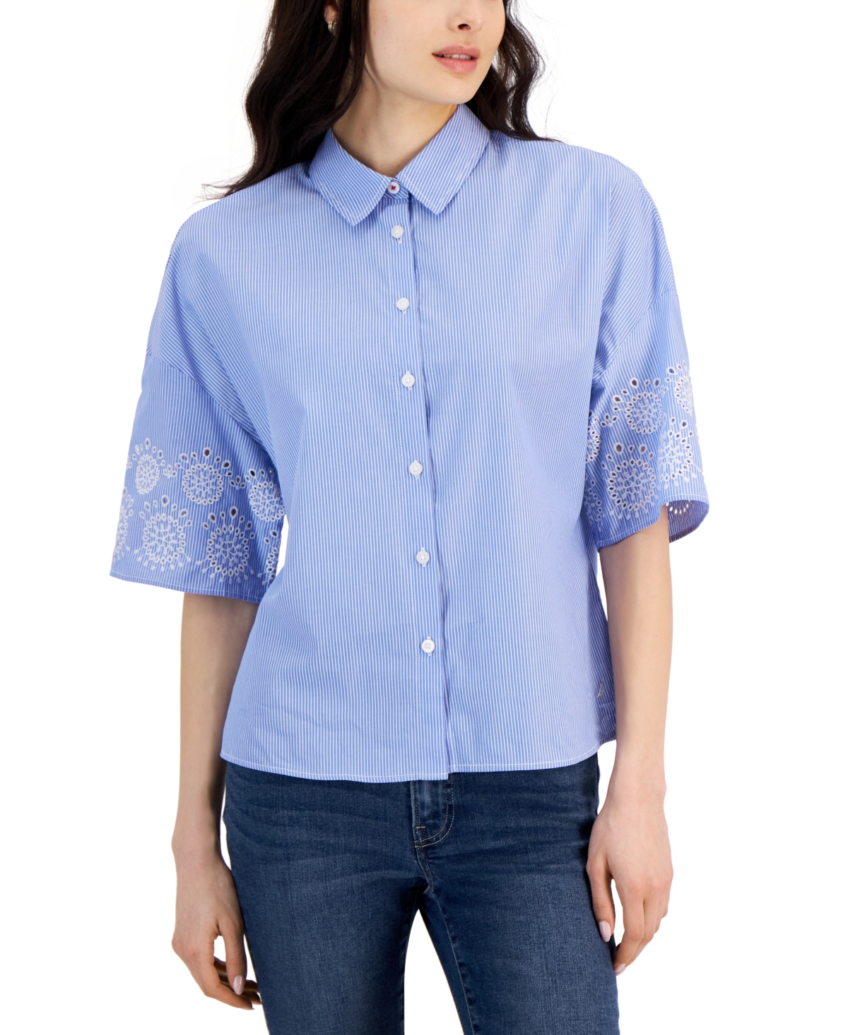 Women's Cotton Embroidered-Sleeve Boxy Shirt - Blue/ White