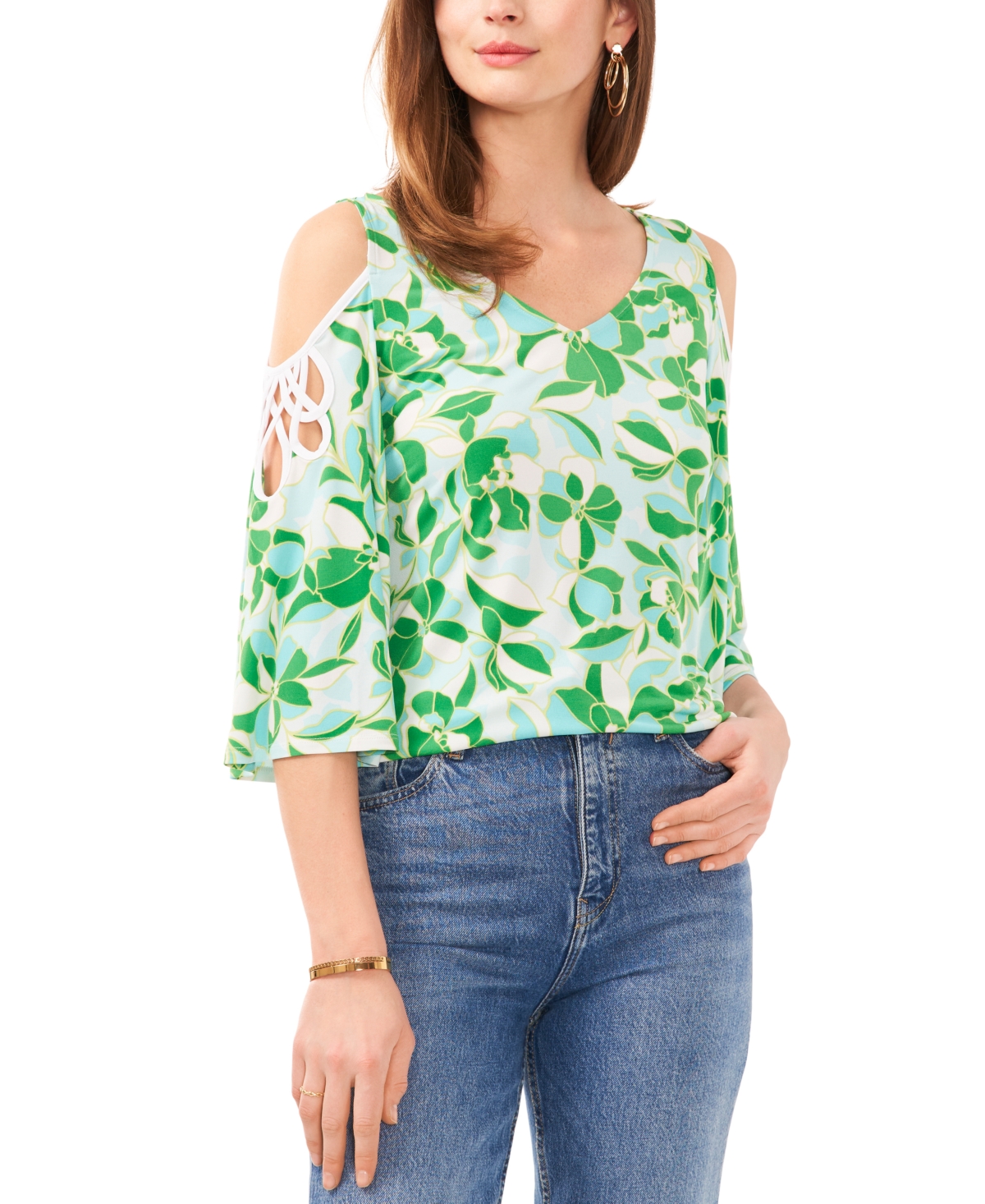 Sam & Jess Petite Cold-shoulder Bell-sleeve Top In Green Tropical