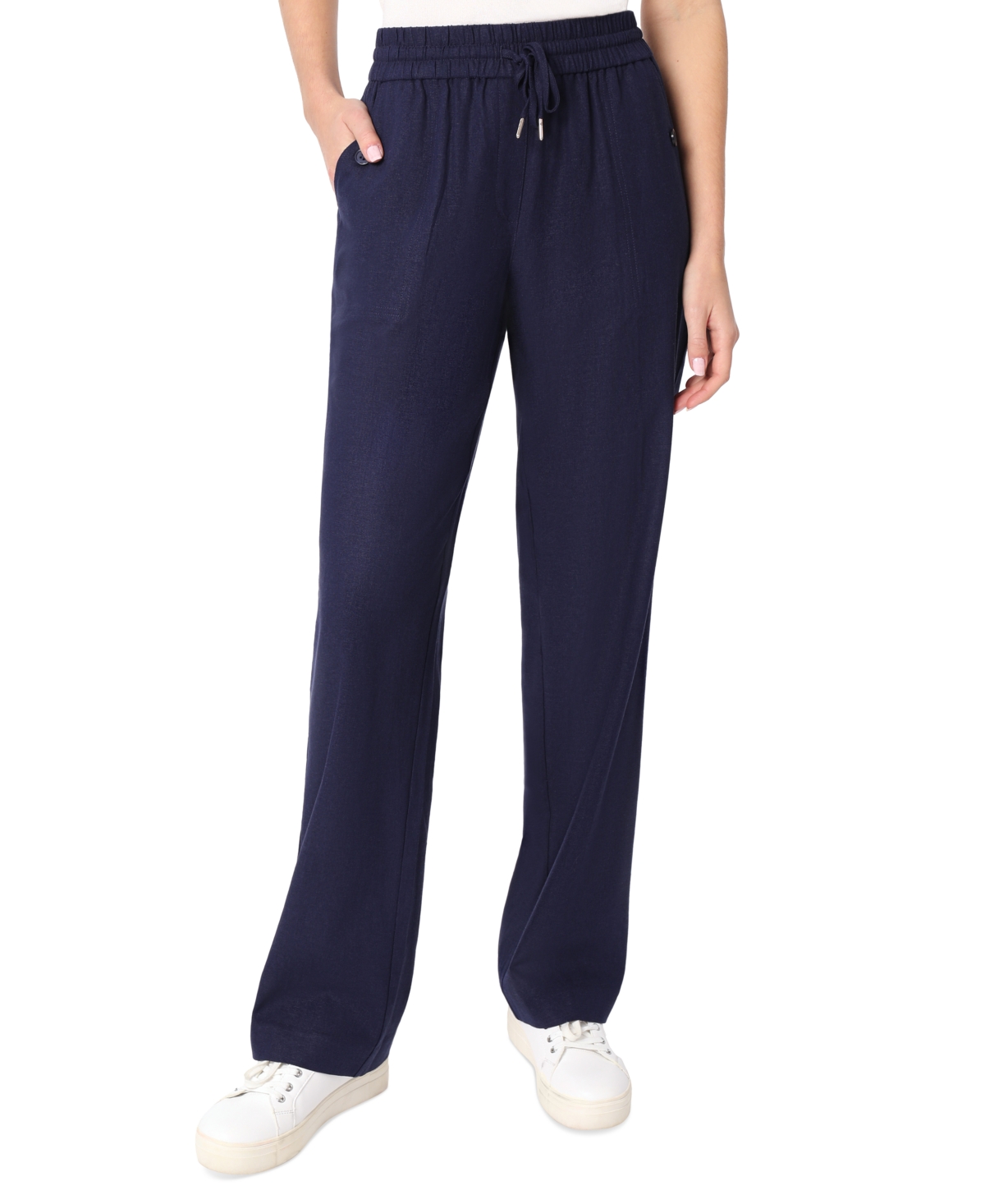 Women's Linen Drawstring-Waist Buttoned-Pocket Pants - Pacific Navy