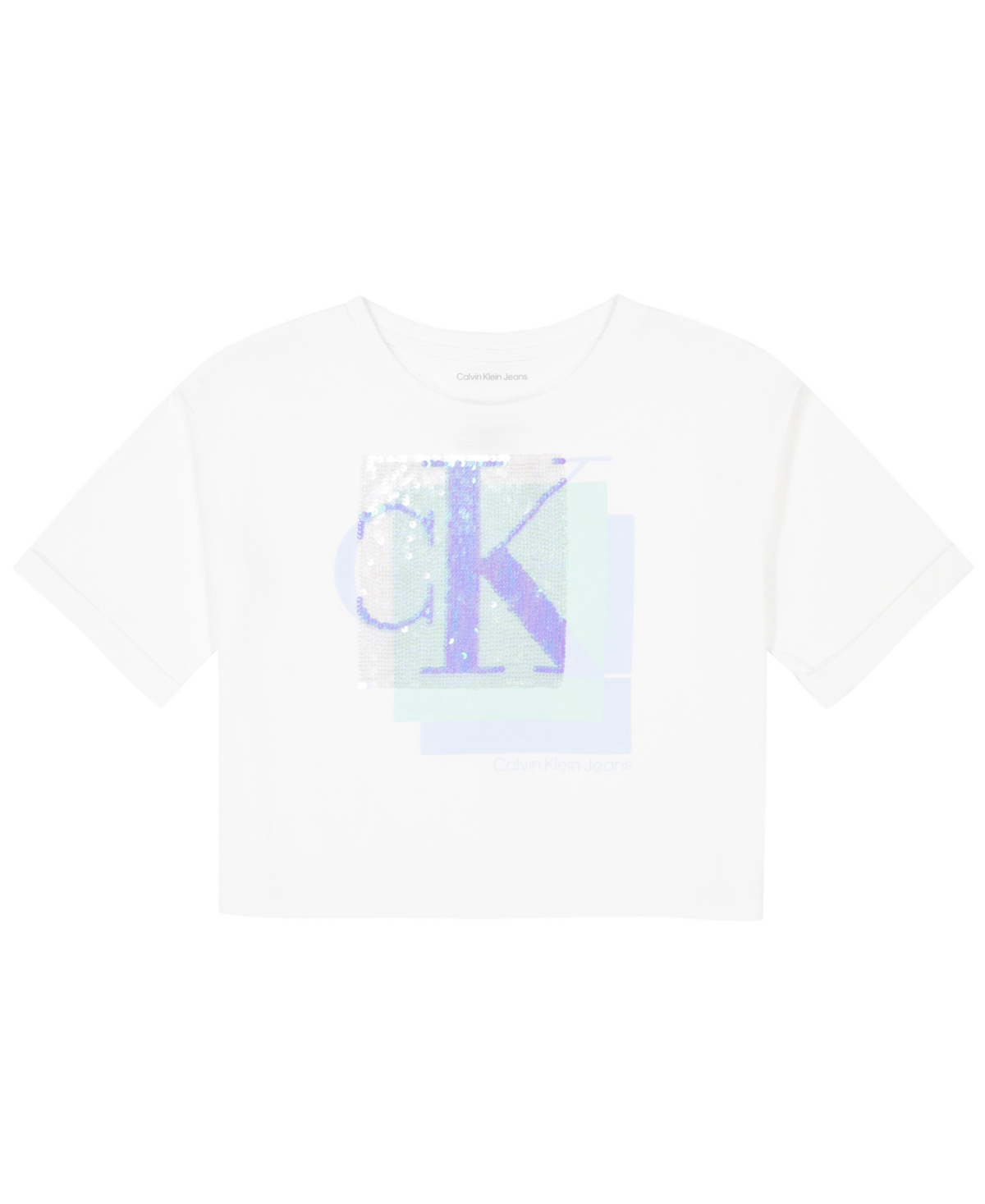 Calvin Klein Kids' Big Girls Layered Sequin 3/4 Sleeve T-shirt In Egret