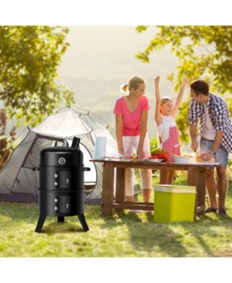3-in-1 Portable Round Charcoal Smoker BBQ Grill Built-in Thermometer