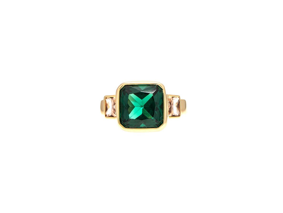 Cushion Cut Emerald + Cubic Zirconia Ring - Gold with green crystal