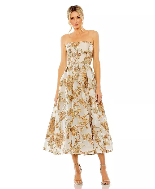 women's strapless brocade midi dress with pockets