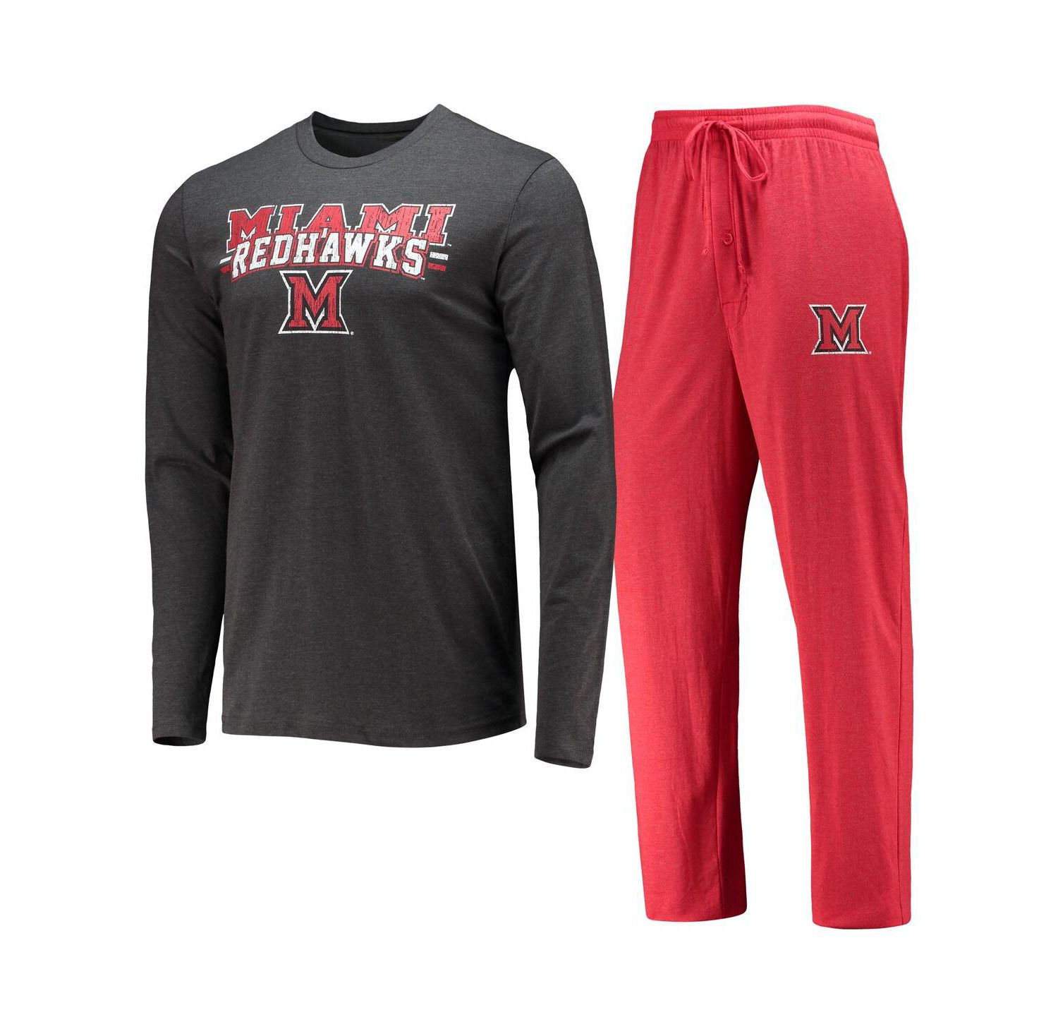 Men's Red, Heathered Charcoal Distressed Miami University RedHawks Meter Long Sleeve T-shirt and Pants Sleep Set