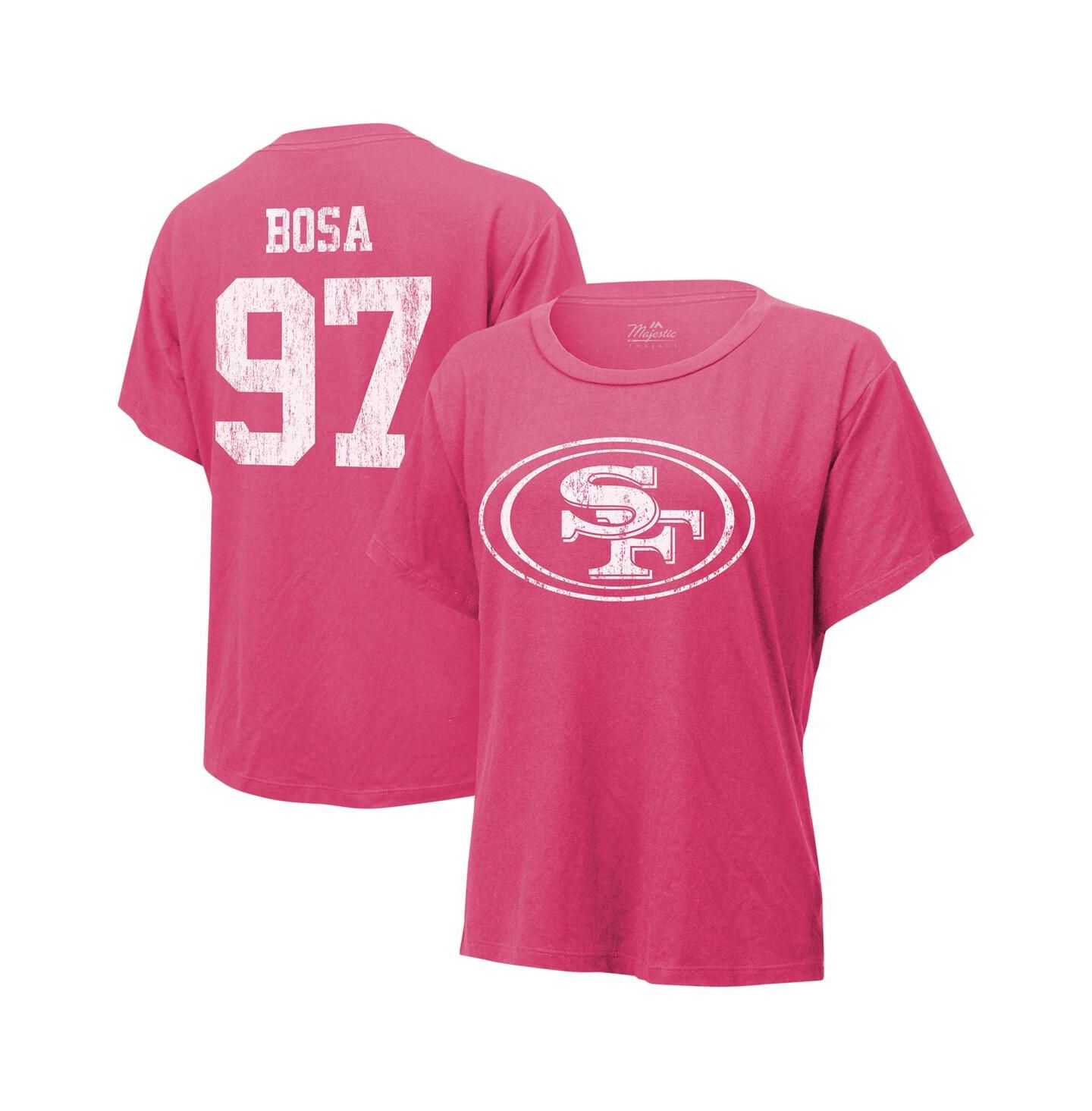 Женская футболка Majestic Threads Nick Bosa Pink Distressed San Francisco 49ers Name and Number — фото 1
