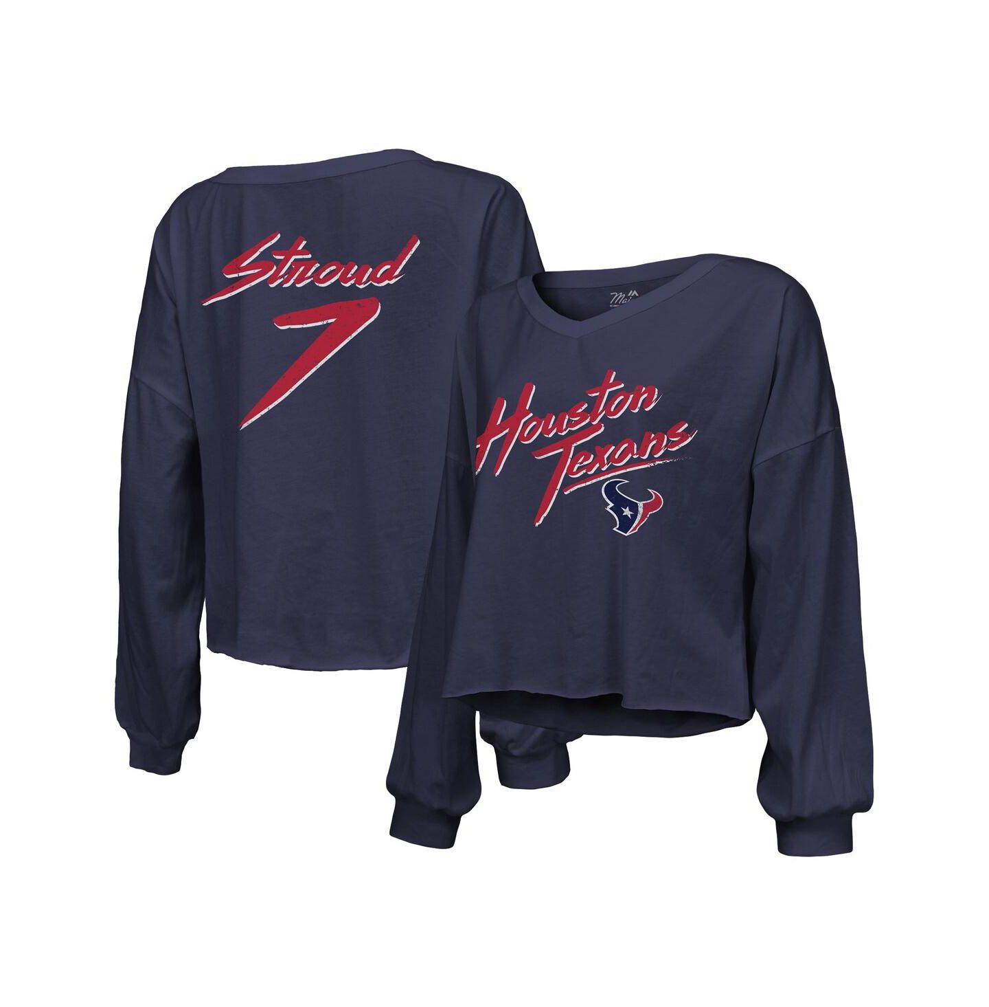 Женская футболка Majestic Threads C.J. Stroud Navy Distressed Houston Texans Name and Number Script Off-Shoulder Cropped Long Sleeve — фото 1