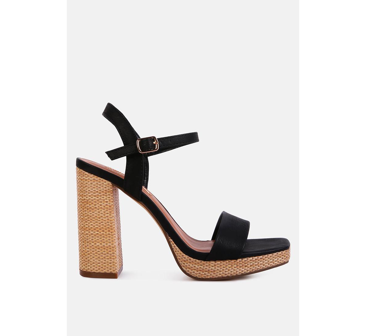 Buxor Woven Textured High Block Heeled Sandals - Black