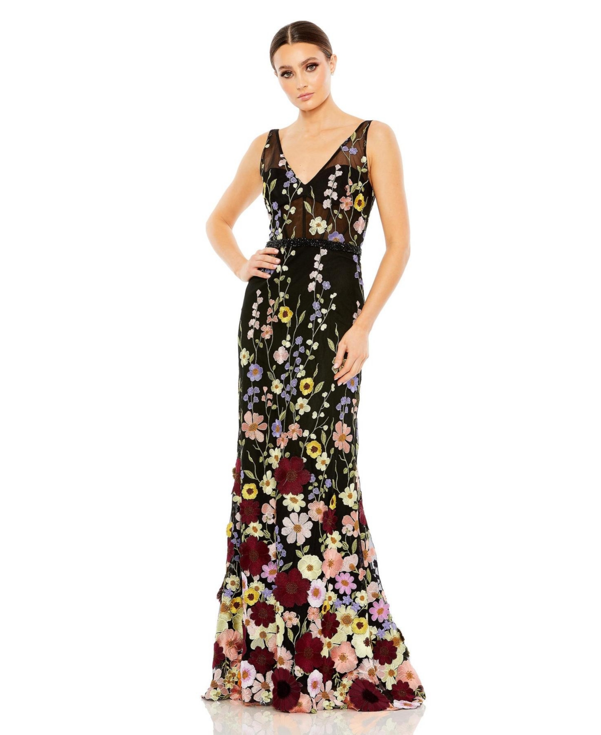 Mac Duggal - Black Sleeveless Floral Embroidered Evening Gown - Black Multi / US 4