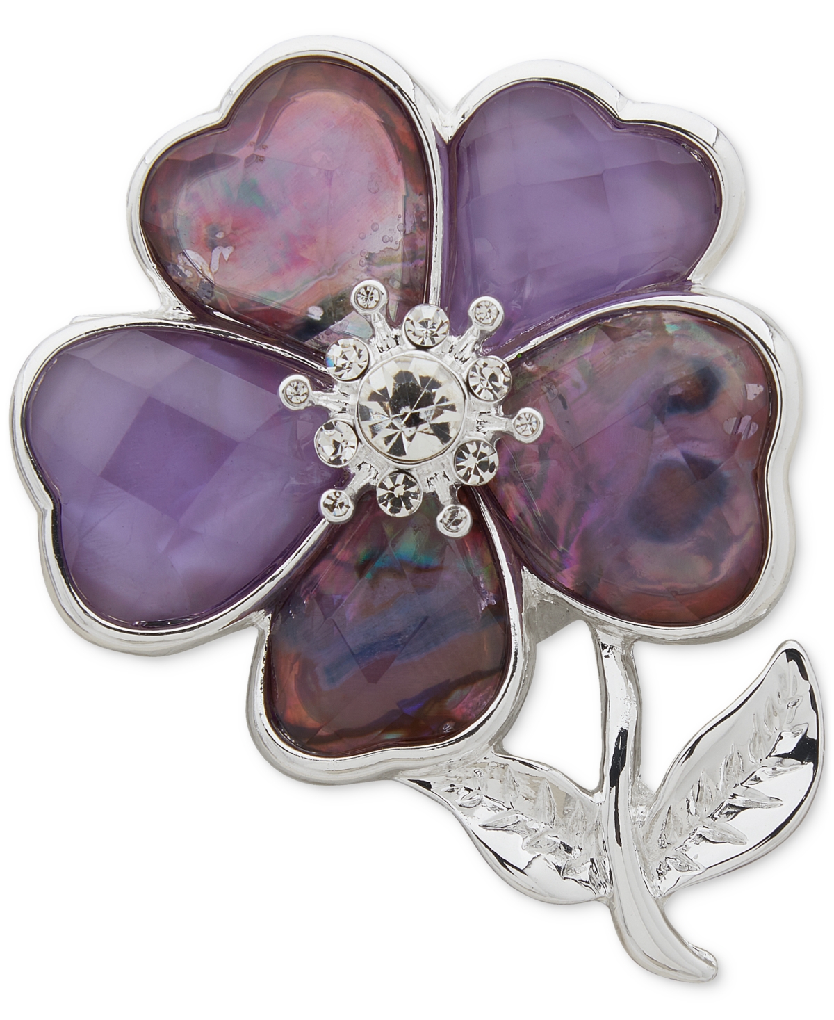 Shop Anne Klein Silver-tone Crystal & Stone Flower Pin In Purple