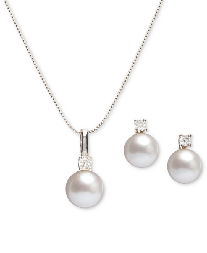 2-Pc. Set Cultured Freshwater Pearl (7-1/2 & 8-1/2mm) & Cubic Zirconia