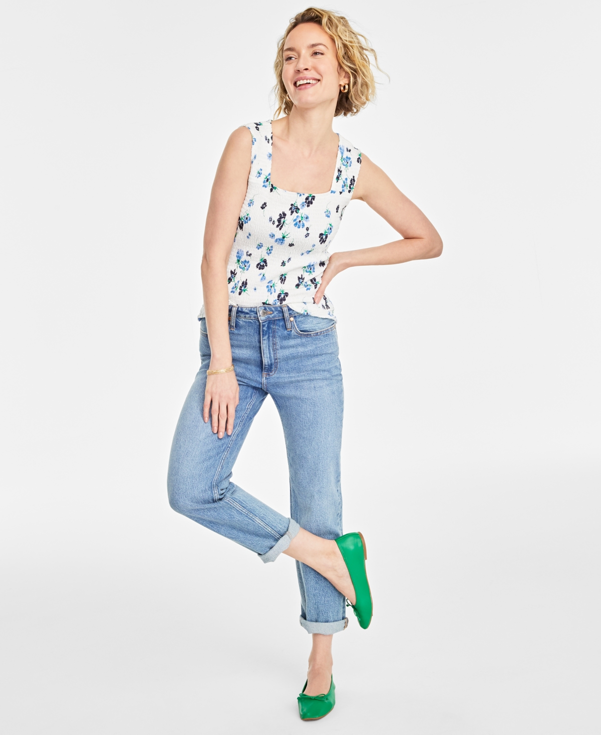 On 34th Women's Floral Smocked Square-neck Tank, Created For Macy's In Washed White Combo