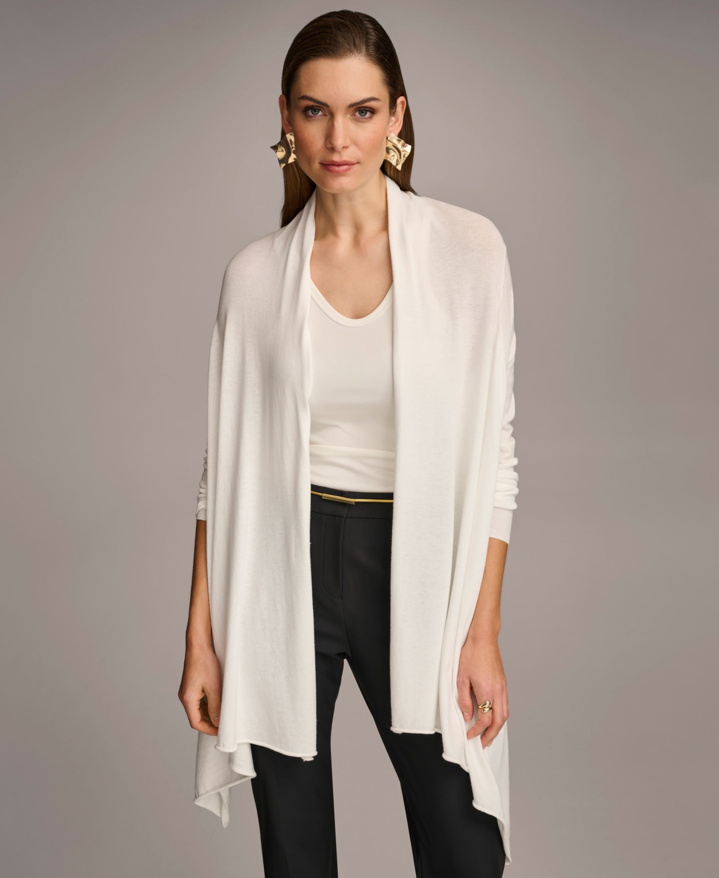 Женский кардиган Donna Karan New York Long-Sleeve Drape-Front, цвет: Кремовый — фото 1
