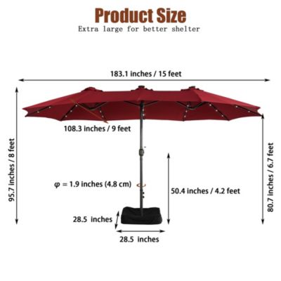 15ft Rectangular Double-Sided Solar LED Outdoor Patio Market Umbrella with Base Included