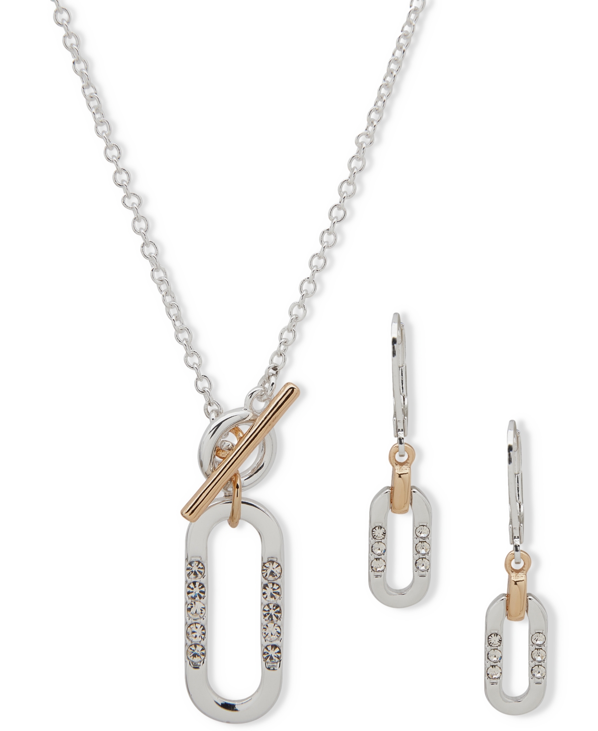 Shop Anne Klein Two-tone Crystal Link Toggle Pendant Necklace & Drop Earrings Set In Gold
