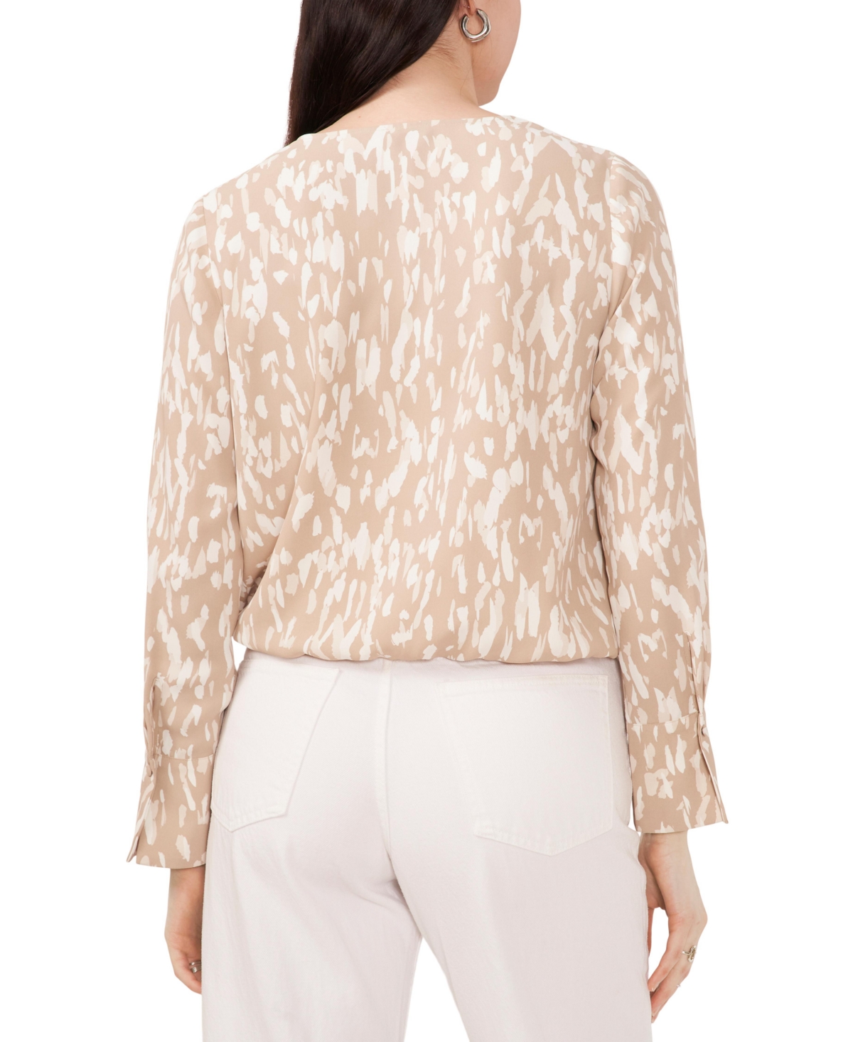 Shop Vince Camuto Women's Printed V-neck Pleated Shoulder Long Sleeve Top In Soft Cream