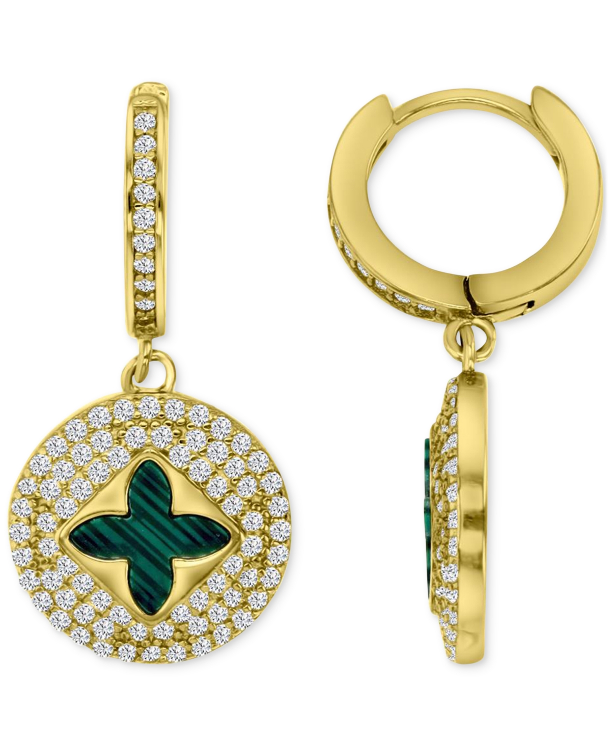 Macy's Simulated Malachite & Cubic Zirconia Dangle Hoop Earrings In 14k Gold-plated Sterling Silver In Malachite