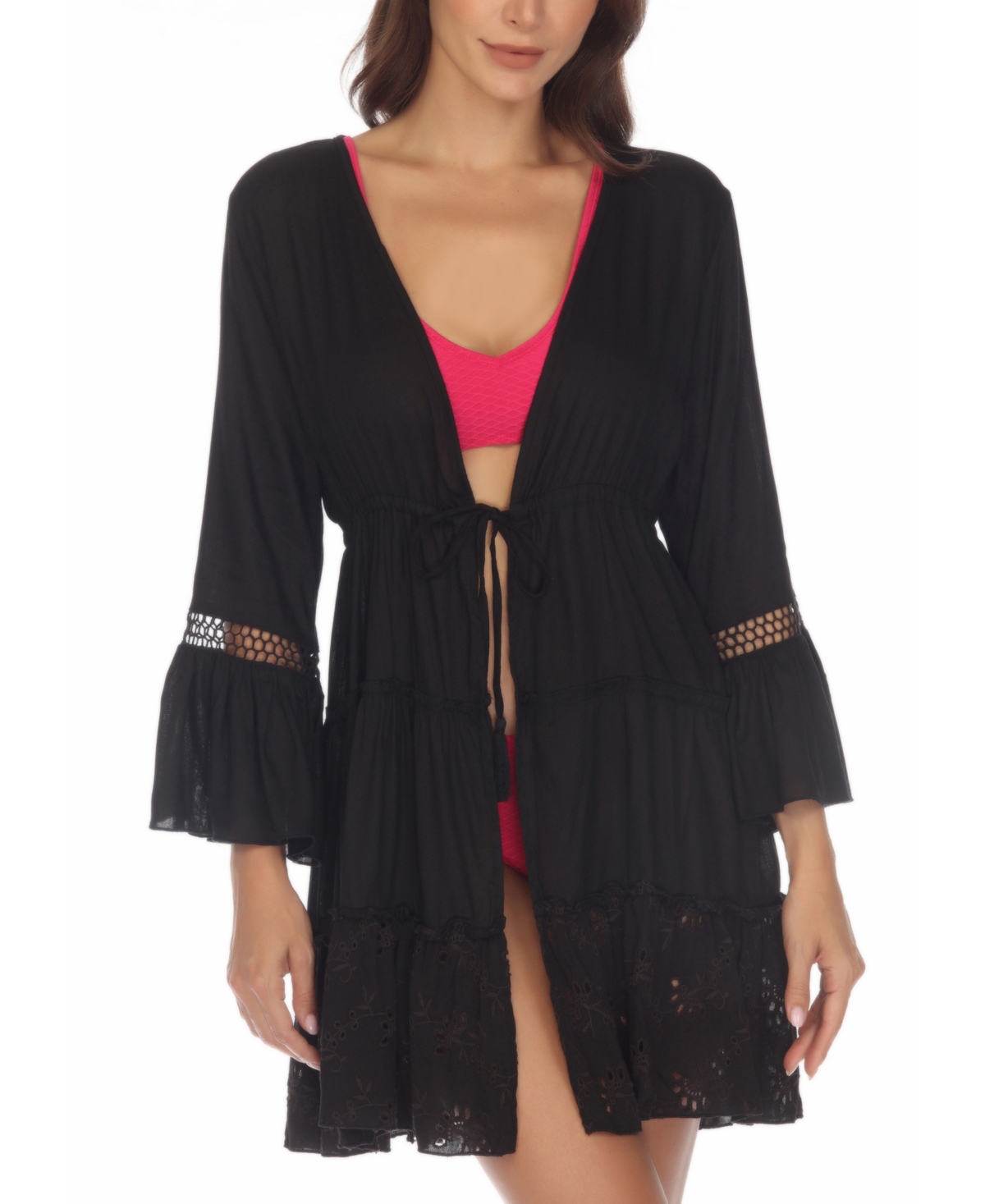 Raviya Women's Lace-inset Tie-front Tiered Swim Cover-up In Black