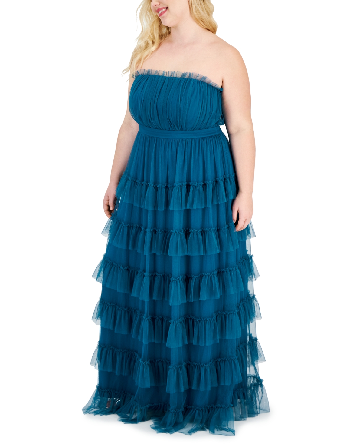 Shop City Studios Trendy Plus Size Tiered Ruffled Mesh Ball Gown In Teal