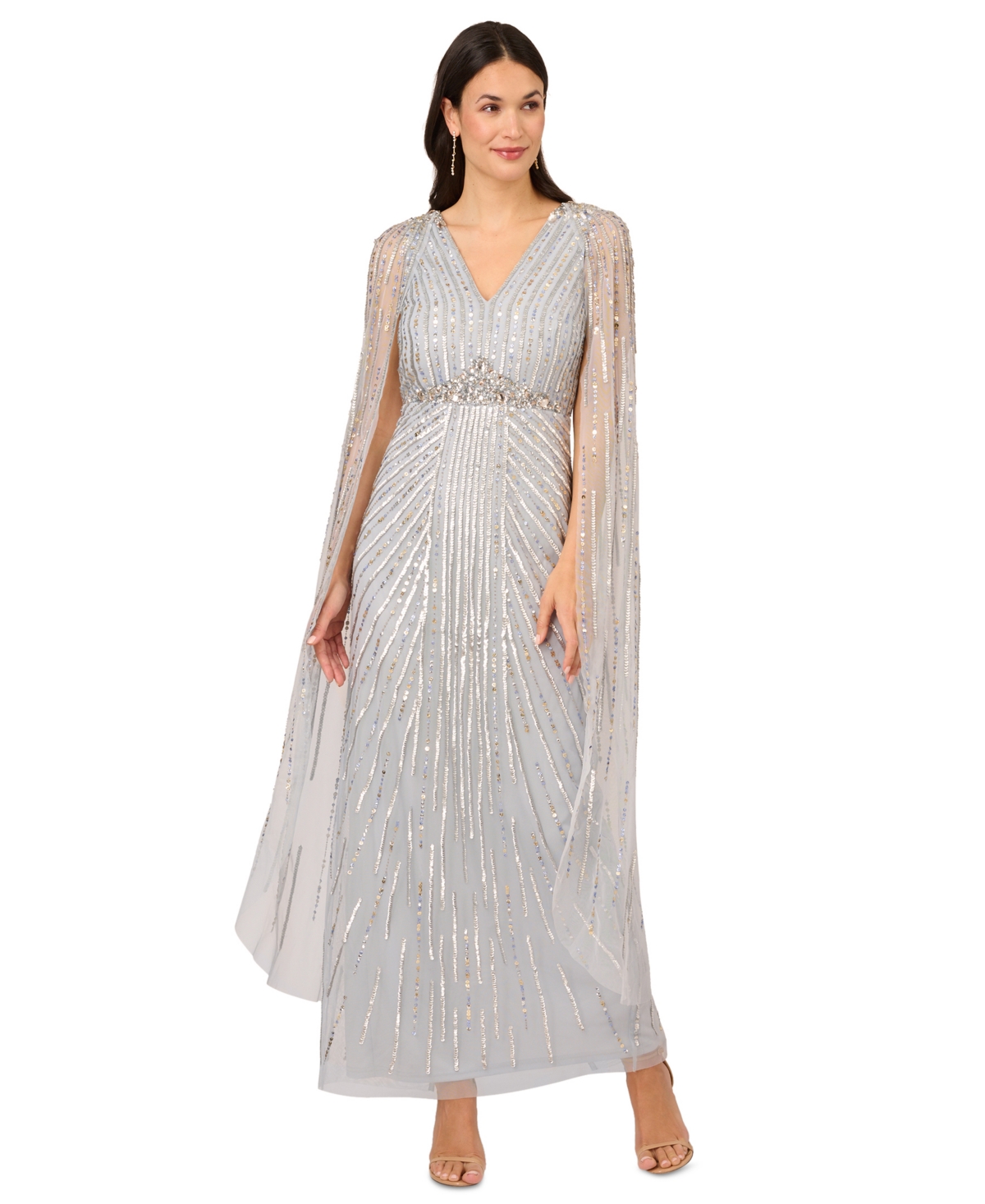 Shop Adrianna Papell Women's Beaded V-neck Cape Gown In Glacier