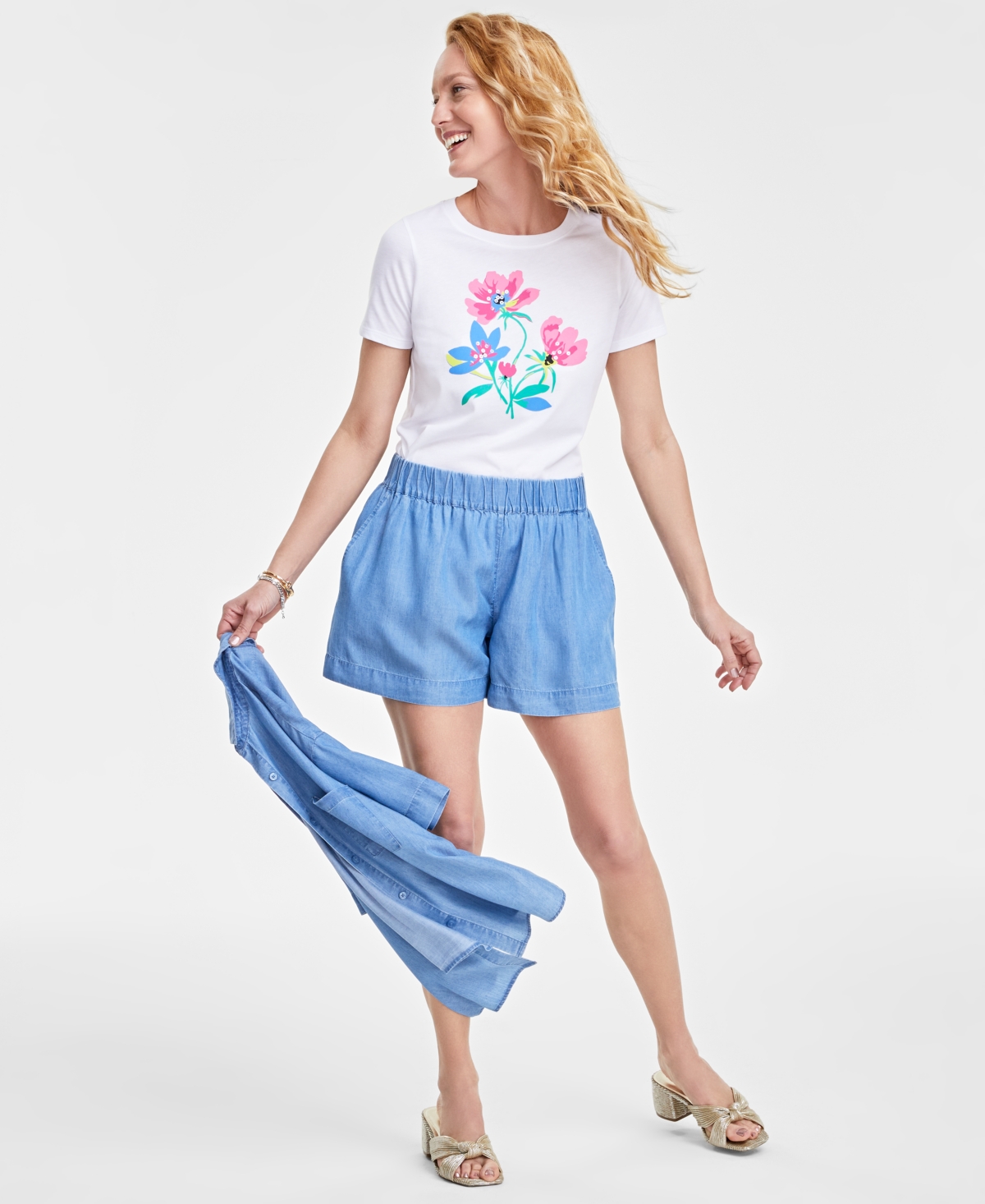 On 34th Women's Fresh Bouquet T-shirt, Created For Macy's In Bright White