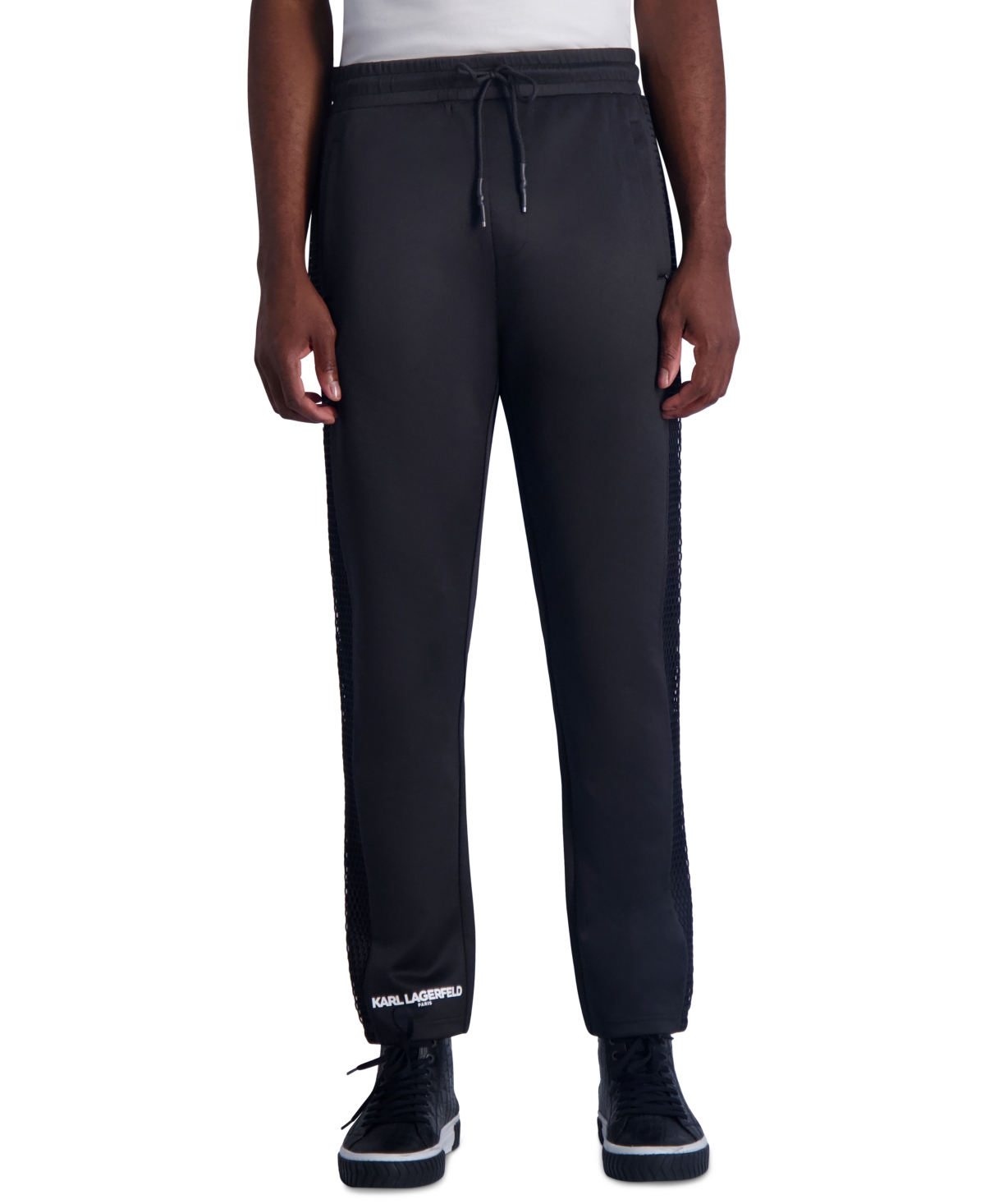 Shop Karl Lagerfeld Men's Slim Fit Heavyweight Fleece Mesh Trim Scuba Pants, Created For Macy's In Black