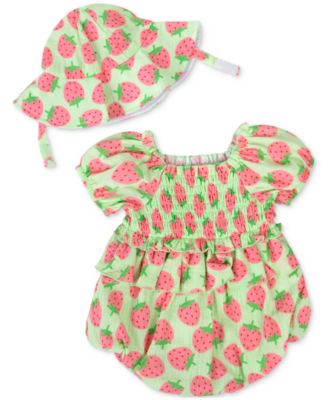 Baby Essentials - Baby Girls Strawberry-Print Romper and Hat, 2 Piece Set