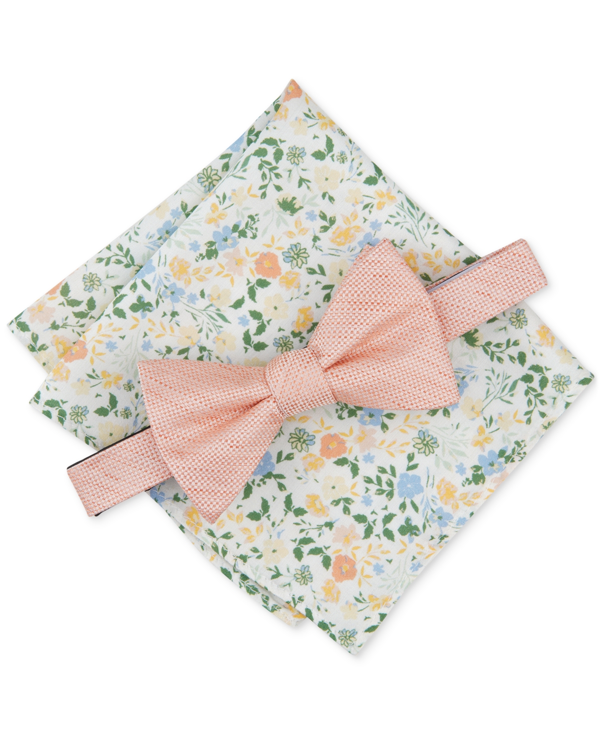 Men's Wren Textured Bow Tie & Floral Pocket Square Set, Created for Macy's - Melon