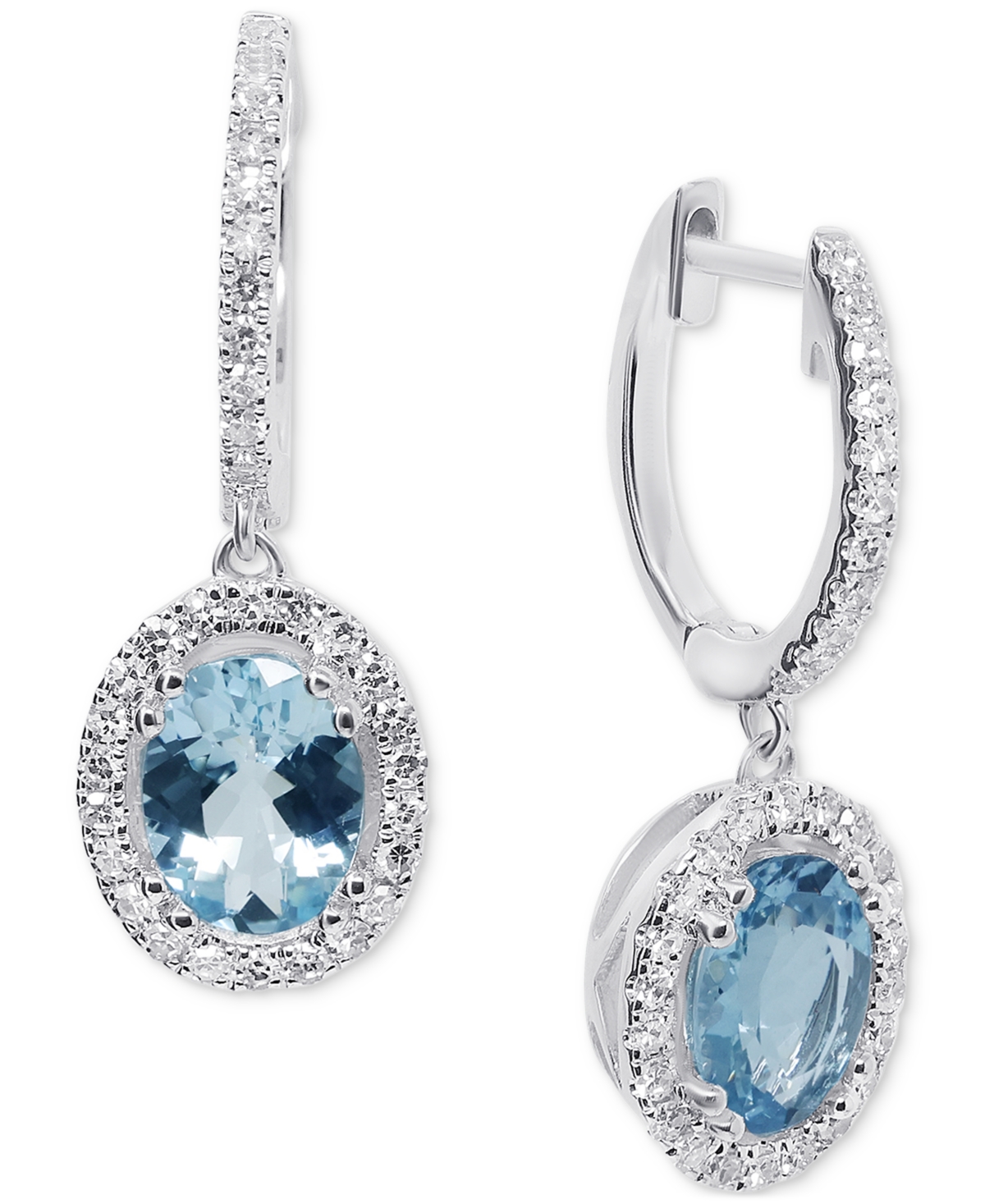Shop Macy's Aquamarine (1-3/4 Ct. T.w.) & Diamond (3/8 Ct. T.w.) Oval Halo Dangle Hoop Drop Earrings In 14k Whit