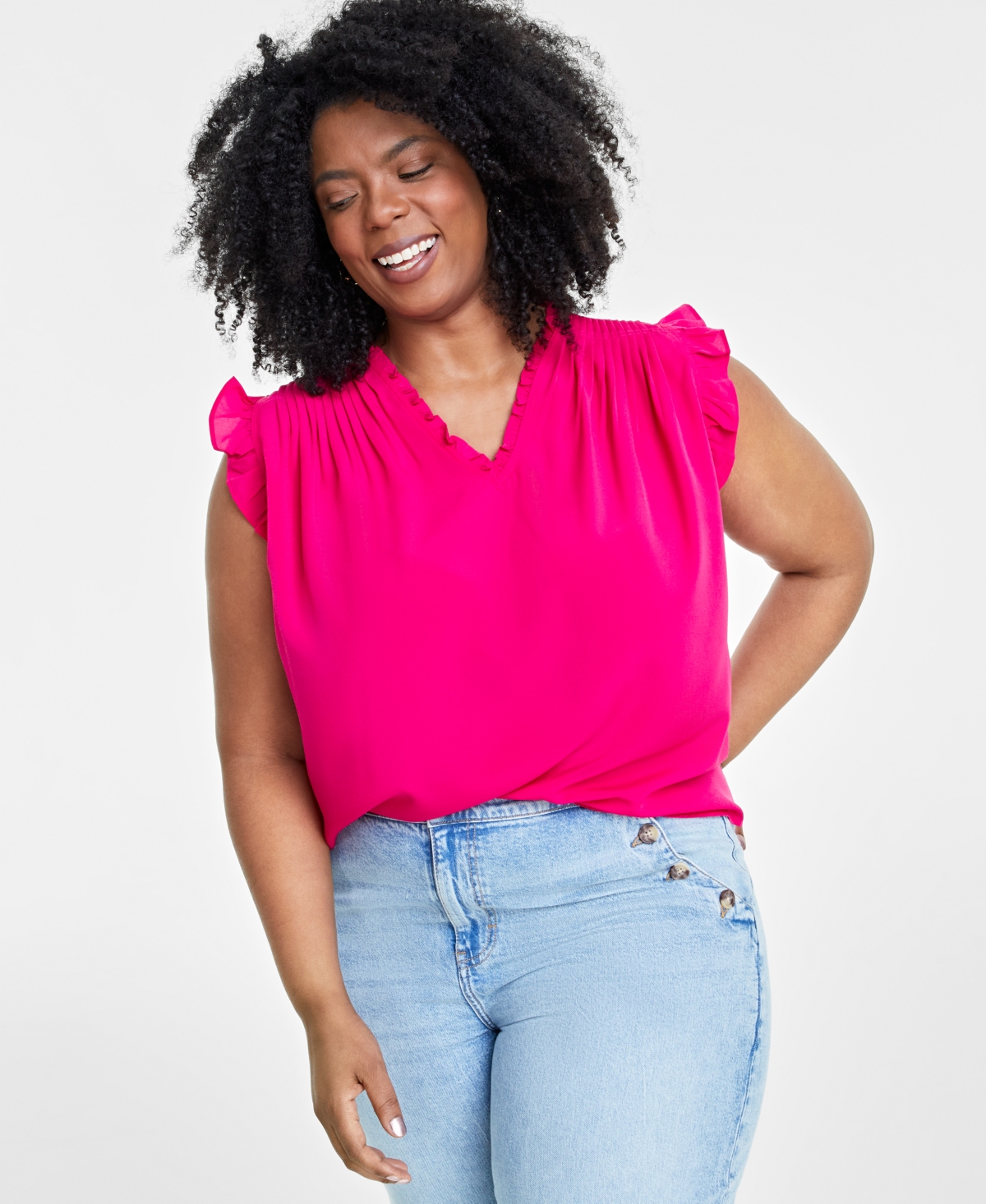 On 34th Trendy Plus Size Ruffled-trim Sleeveless Blouse, Created For Macy's In Jazzy Pink