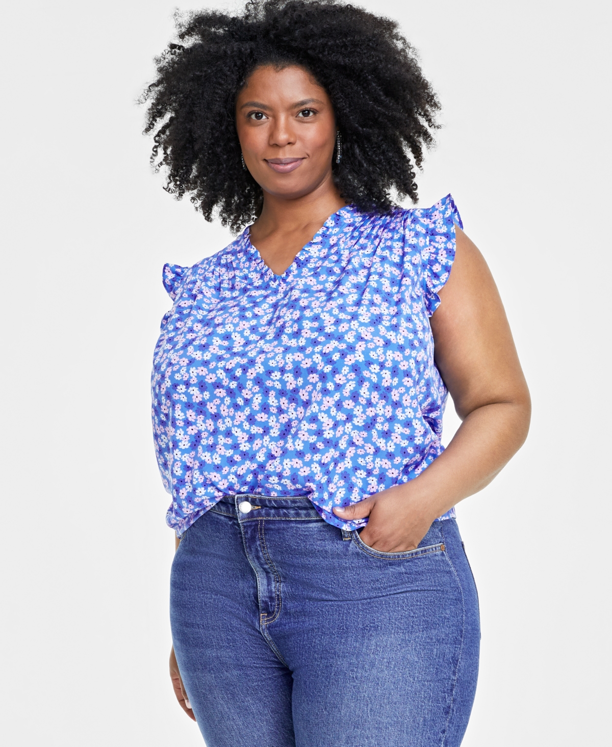On 34th Trendy Plus Size Floral-print Ruffled-trim Blouse, Created For Macy's In Regatta Combo