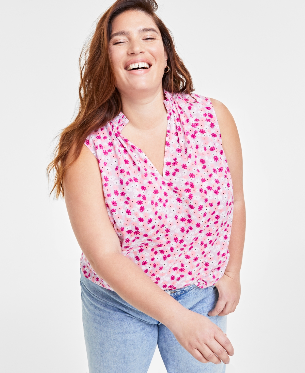 On 34th Trendy Plus Size Floral-print Smocked-trim Top, Created For Macy's In Calla Lilac Combo