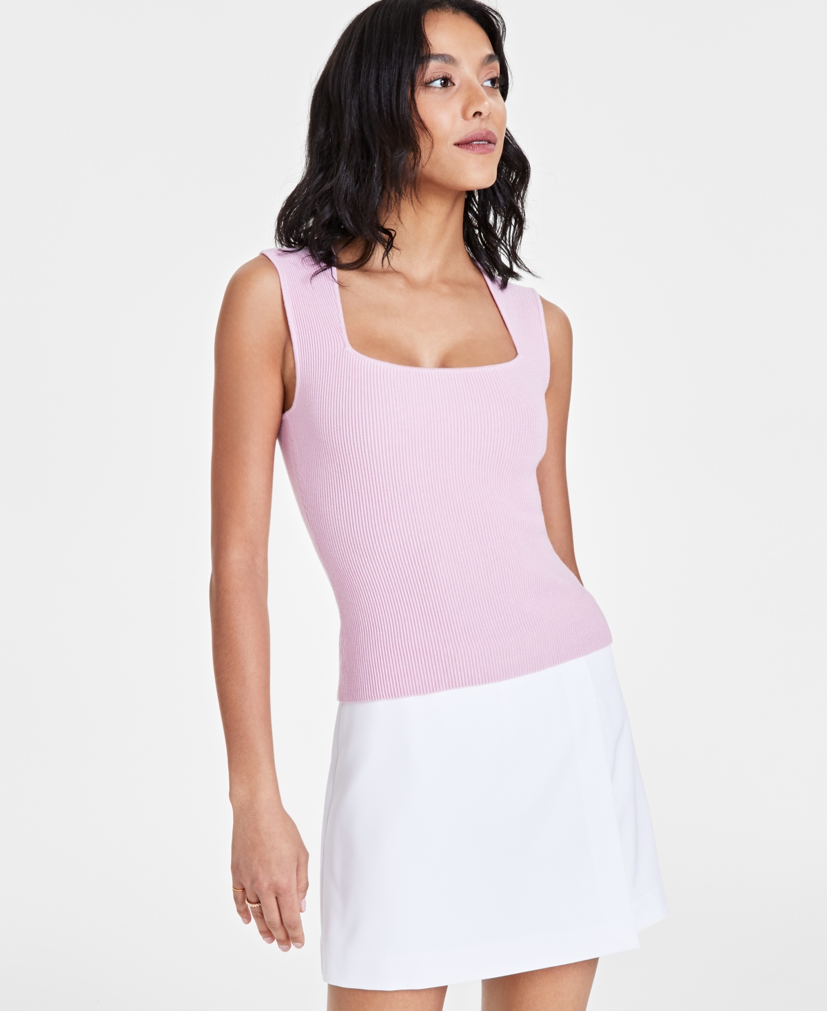 Bar Iii Women's Ottoman Square-neck Sweater-knit Tank Top, Created For Macy's In Pink Fluorite