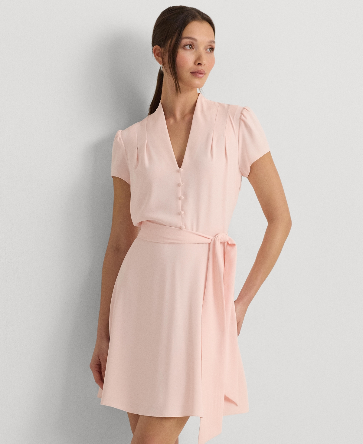 Shop Lauren Ralph Lauren Women's Belted Georgette Short-sleeve Dress In Pink Opal