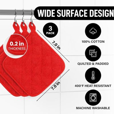 3-Pack Cotton Pot Holders for Kitchen - Heat Resistant, Machine Washable, & Comfortable Grip Oven Hot Pads