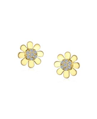 Tiny Petite 14K Gold Sunflower Daisy CZ Stud Earrings Secure Screw Back
