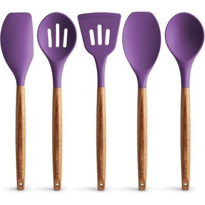 5 Piece Silicone Utensils Set with Authentic Acacia Wood Handles