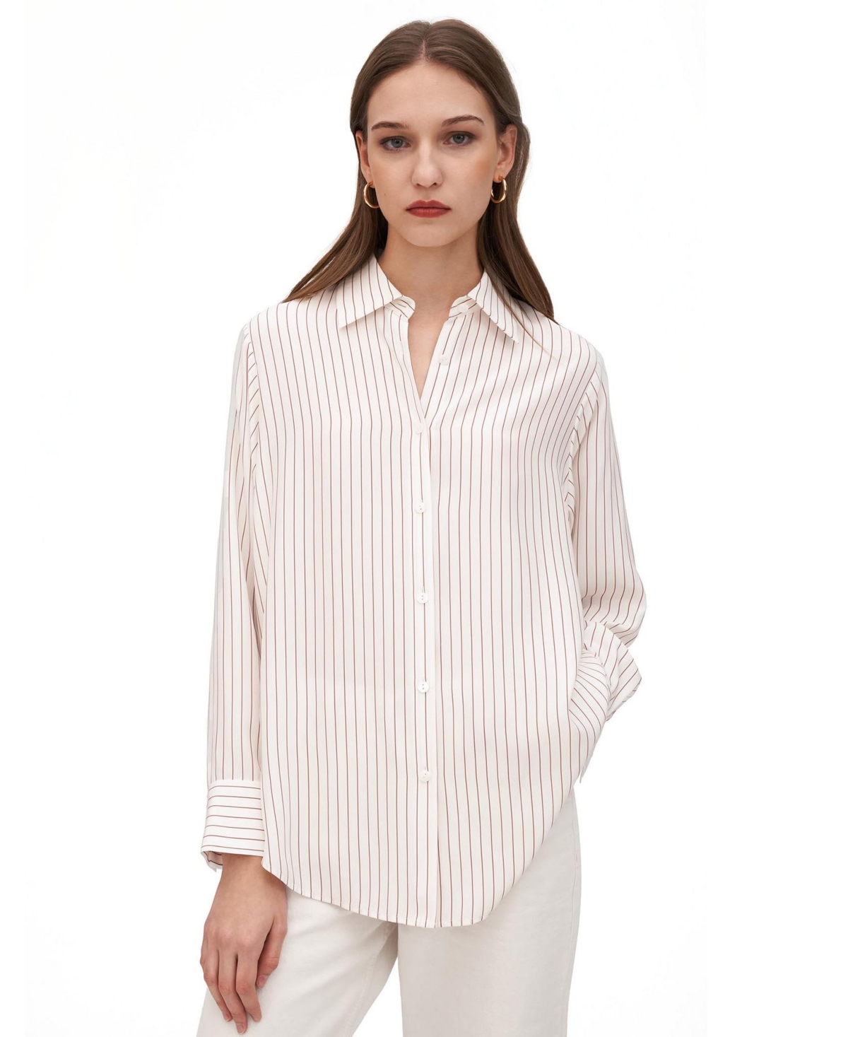 Button Down Striped Silk Blouse for Women - Navy pinstripe