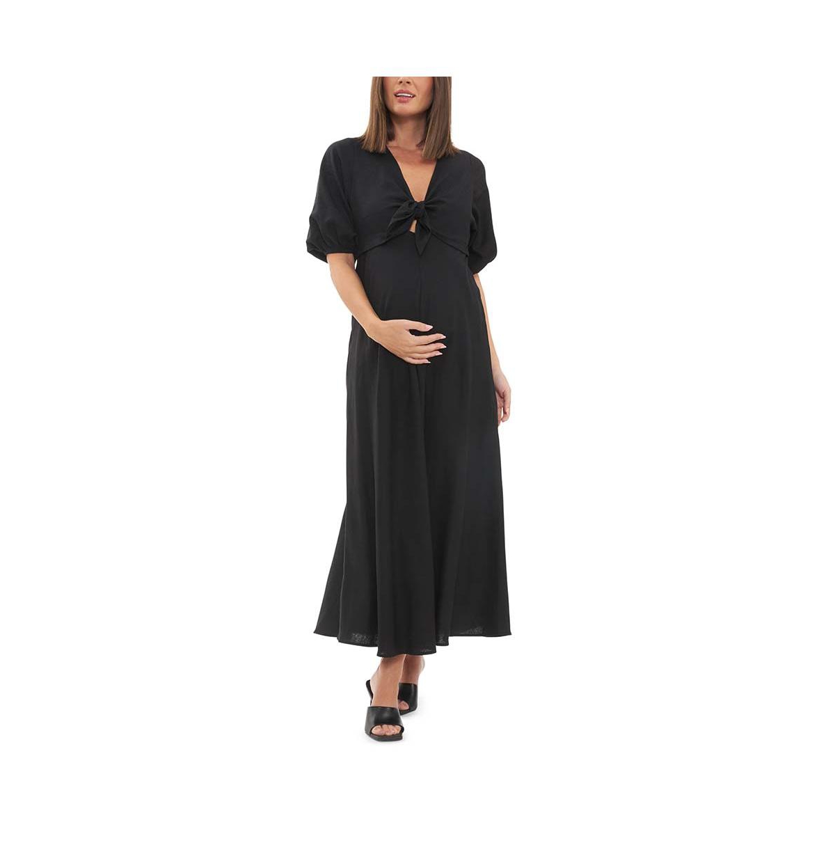 Camille Tie Front Linen Maxi Dress Black - Black