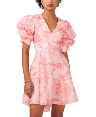 1.STATE - Women's Printed Puff-Sleeve Tiered Mini Dress