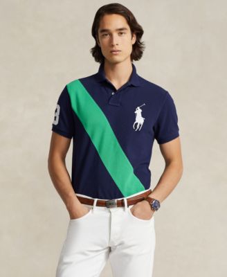 폴로 랄프로렌 Polo Ralph Lauren Mens Custom Slim Fit Big Pony Mesh Polo Shirt,Newport Navy/tiller Green