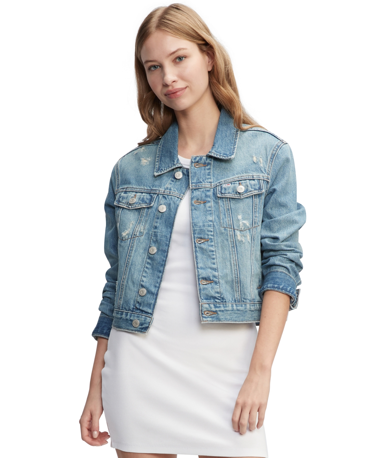 Tommy Jeans Women's Izzie Slim-fit Distressed Denim Jacket In Denim Light