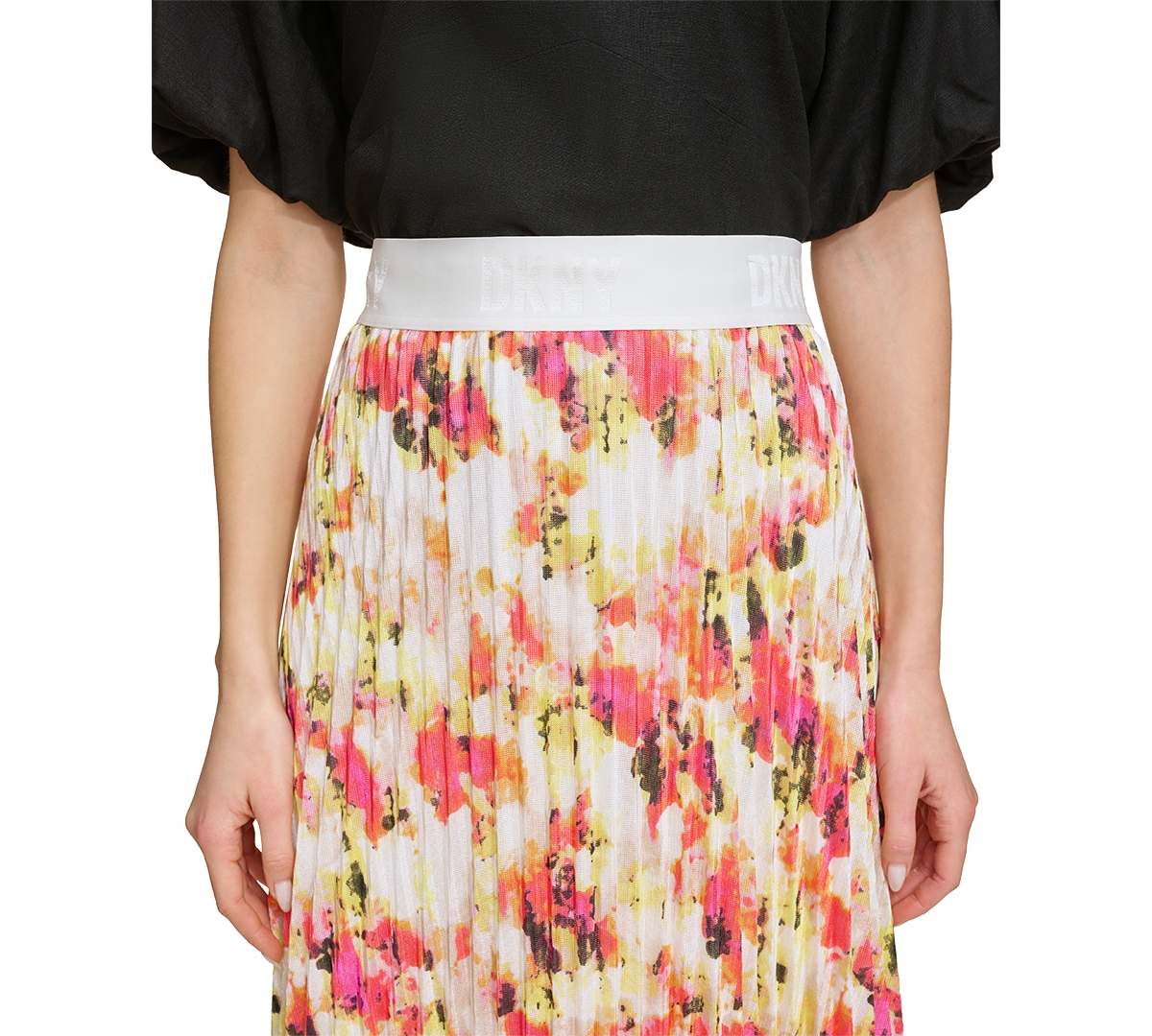 Shop Dkny Women's Printed Pleated Pull-on Midi Skirt In Ivory,orange Blossom Multi