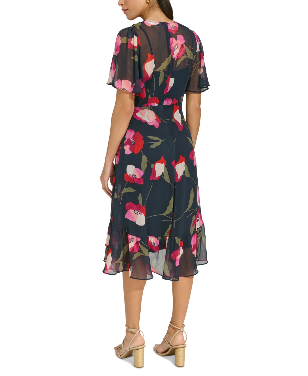 Shop Calvin Klein Women's Flutter-sleeve Faux-wrap Dress In Indigo Multi