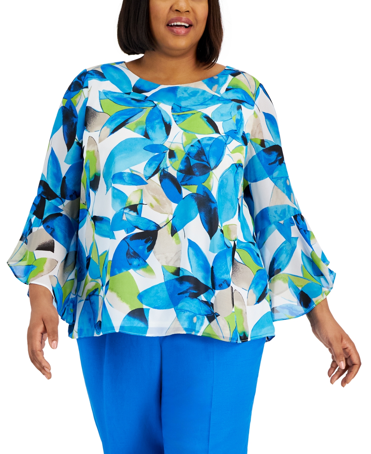 Shop Kasper Plus Size Printed Ruffle-sleeve Top In Lily White,light Azure