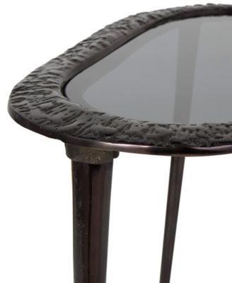 23" x 15" x 23" Aluminum Abstract Oval Shaped Shaded Glass Top and Detailed Engravings Accent Table