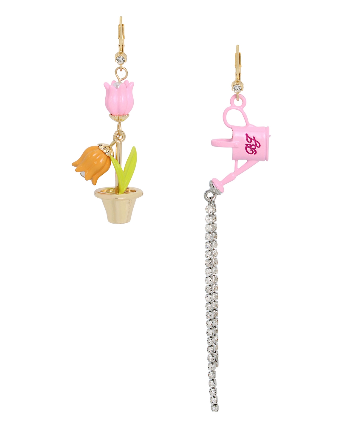 Faux Stone Tulip Watering Can Mismatch Drop Earrings - Pink, Gold