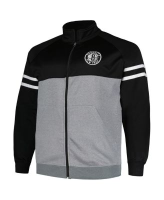 Men's Black, Heather Gray Brooklyn Nets Big and Tall Pieced Stripe Raglan Full-Zip Track Jacket
