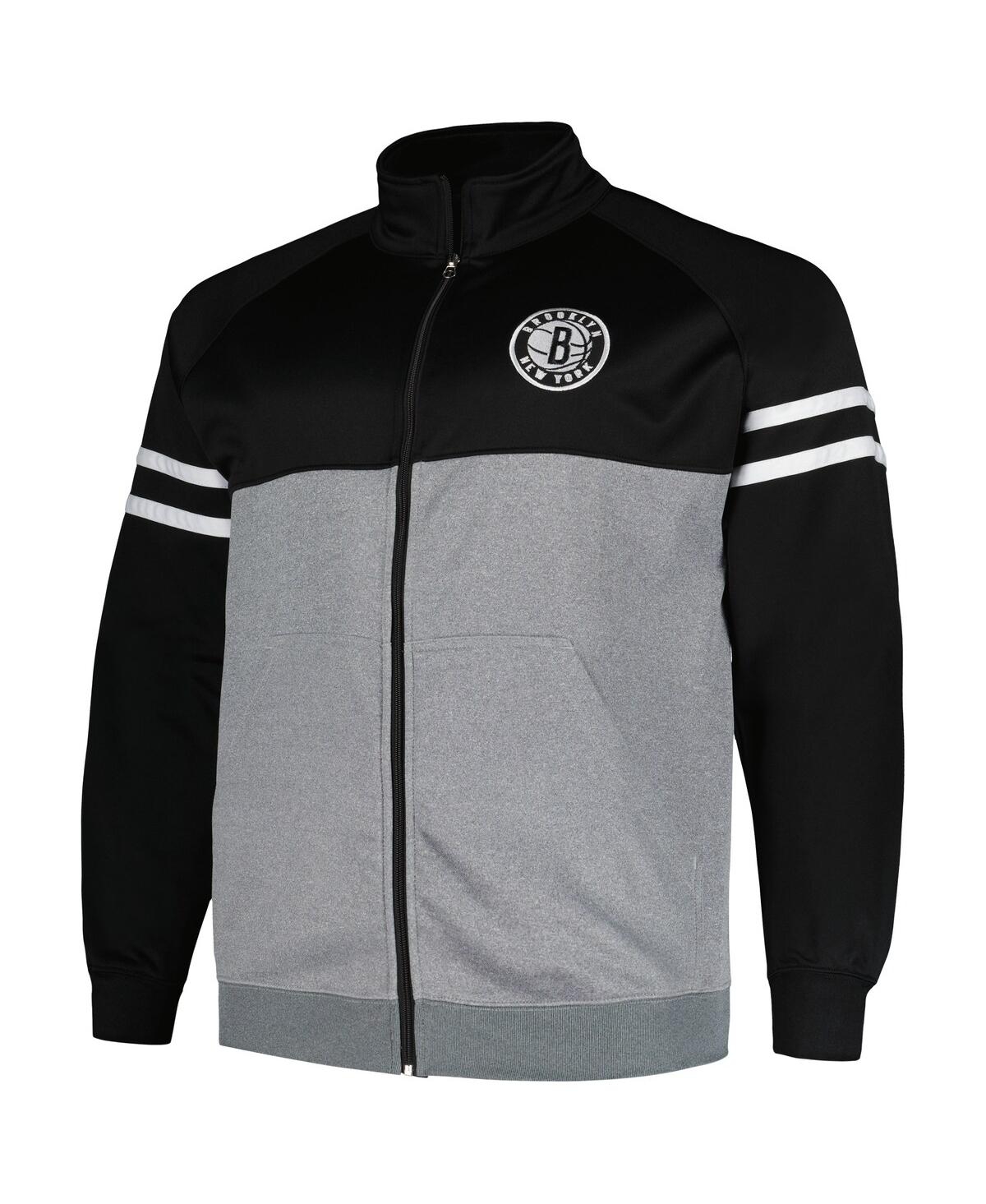 Men's Fanatics Heather Gray Brooklyn Nets Big and Tall Pieced Stripe Raglan Full-Zip Track Jacket - Heather Gray