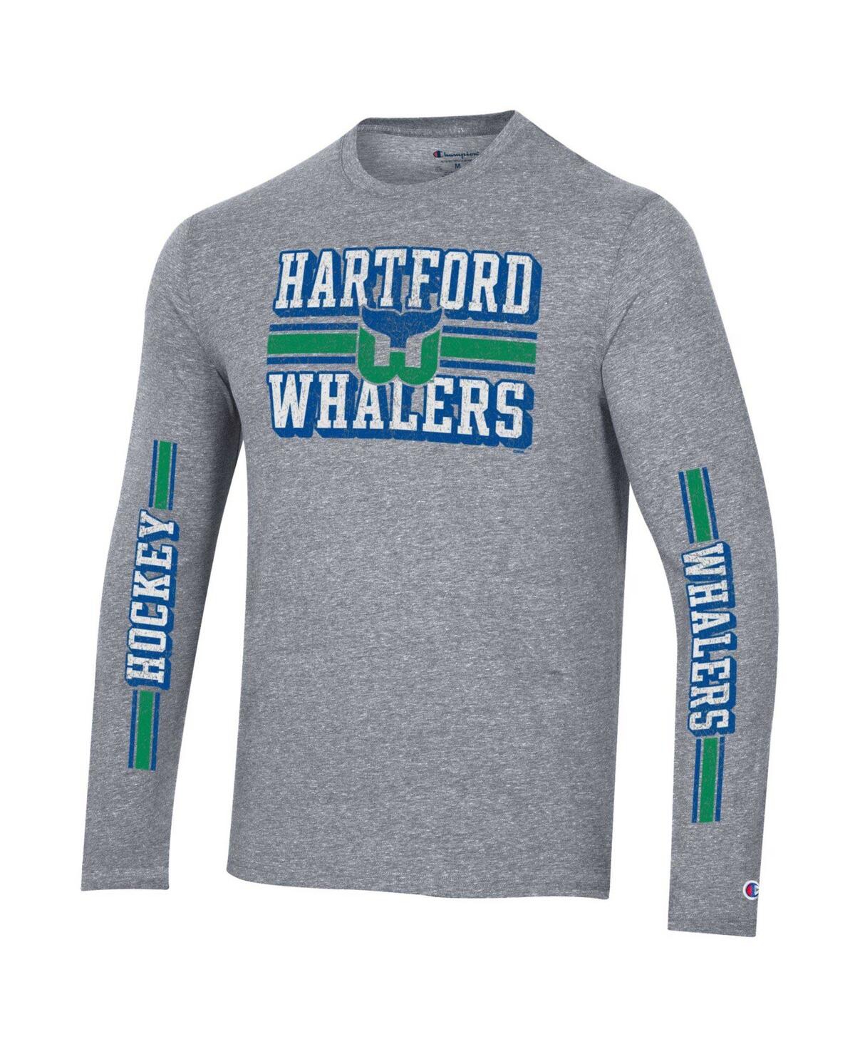 Shop Champion Men's  Heather Gray Distressed Hartford Whalers Tri-blend Dual-stripe Long Sleeve T-shirt